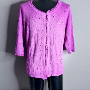 Colleen Lopez 3/4 Sleeve Pink Sequin Ruffle Trim Knit Cardigan Sweater Sz 3X